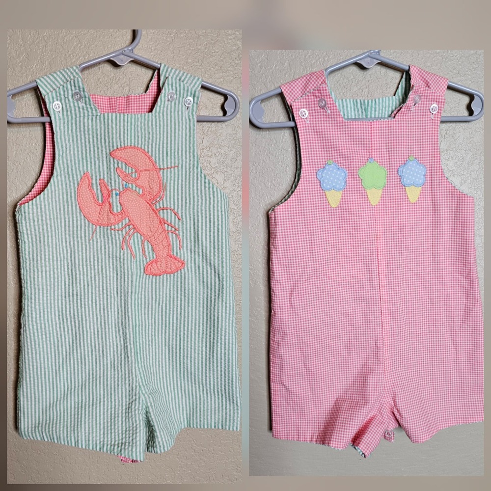 Bailey Boys Reversible Seersucker Jon Jon Lobster Ice Cream Green Pink Romper 24